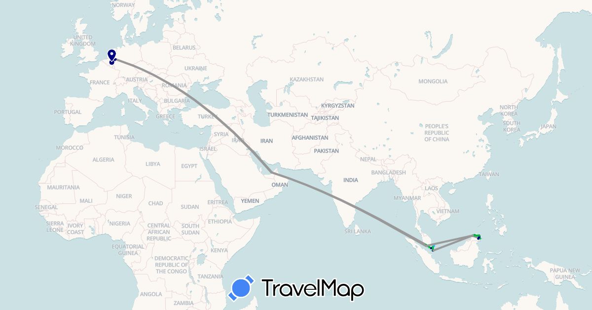 TravelMap itinerary: driving, bus, plane, hiking, boat in United Arab Emirates, Belgium, Germany, Malaysia, Singapore (Asia, Europe)